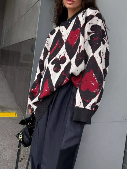 Contrast Diamond Round Neck Long Sleeve Sweater