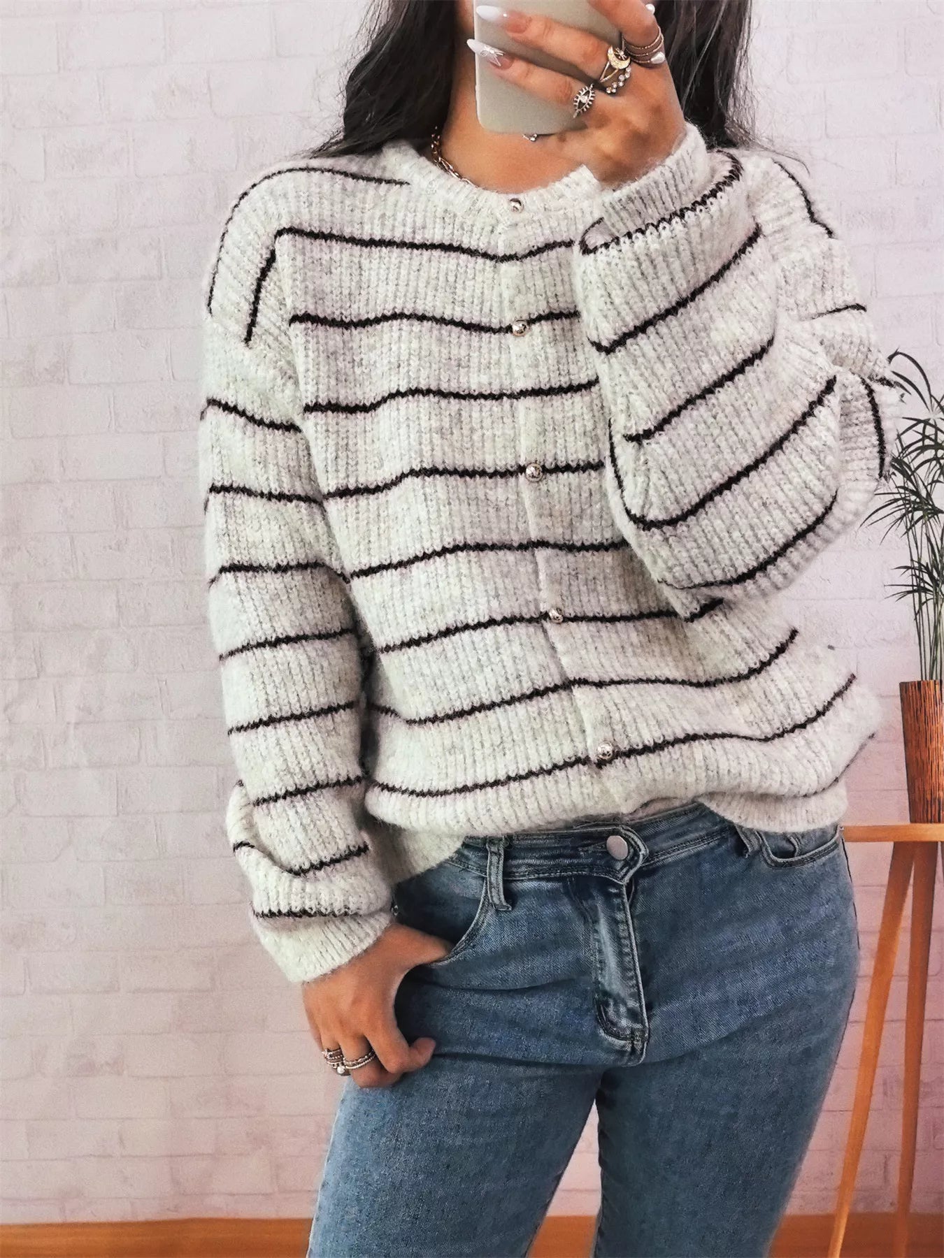 Striped Button Up Long Sleeve Cardigan Apricot One Size