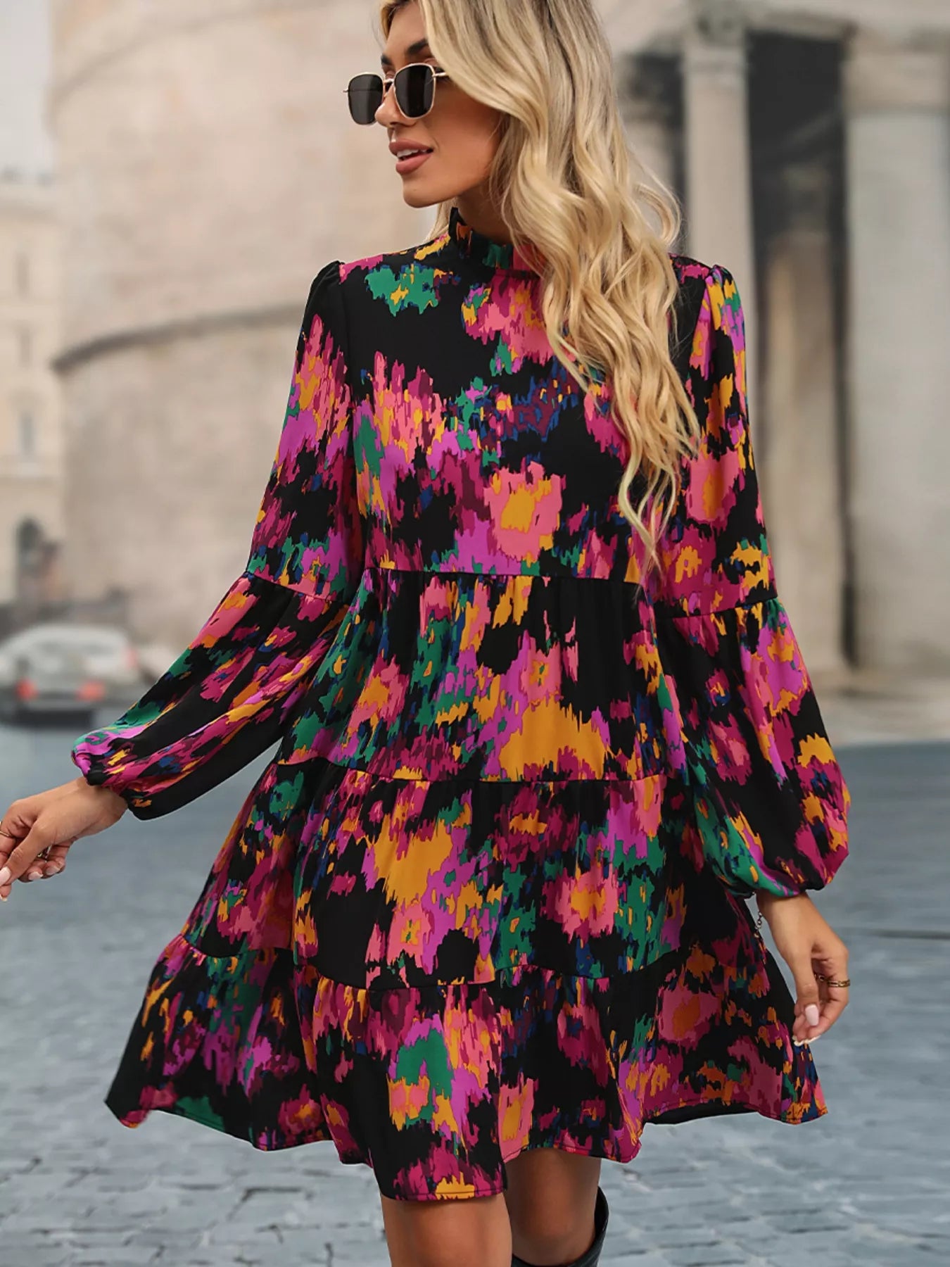 Printed Balloon Sleeve Mini Dress Black