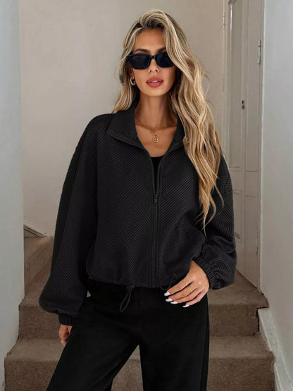 Drawstring Hem Textured Long Sleeve Jacket Black