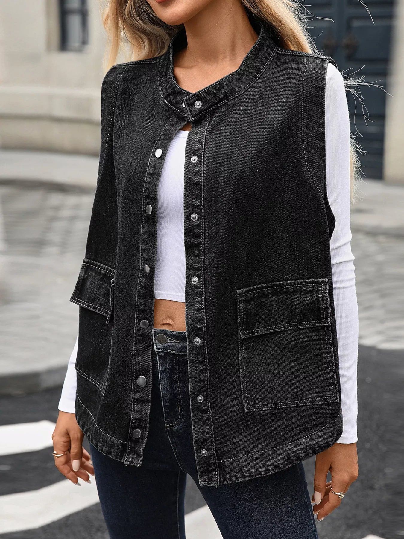 Snap Down Sleeveless Denim Jacket Black