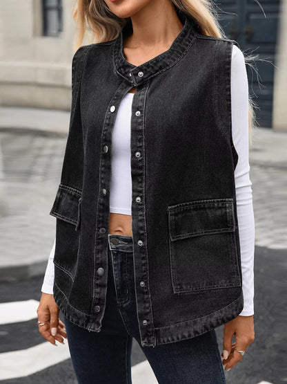 Snap Down Sleeveless Denim Jacket Black