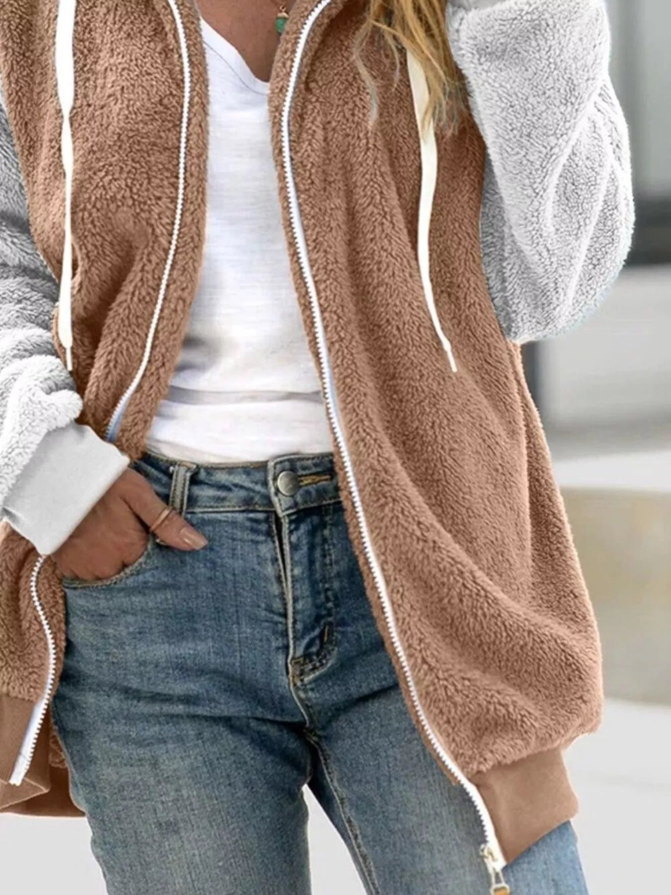 Full Size Fleece Zip-Up Hooded Outerwear Plus Size