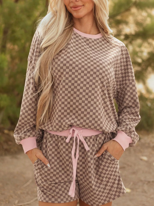 Checkerboard Long Sleeve Pullover and Shorts Set Camel