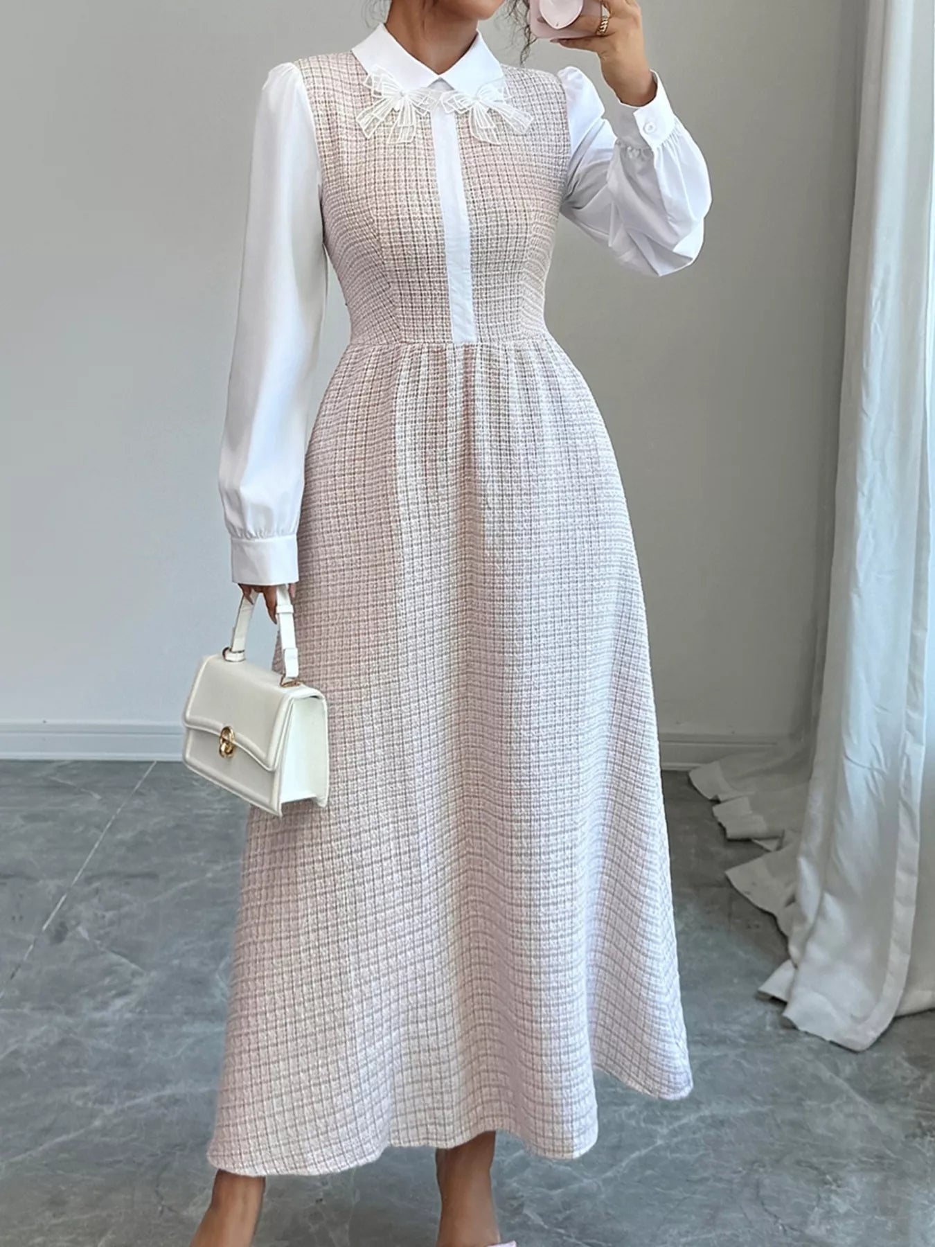 Tweed Long Sleeve A-Line Midi Dress Apricot