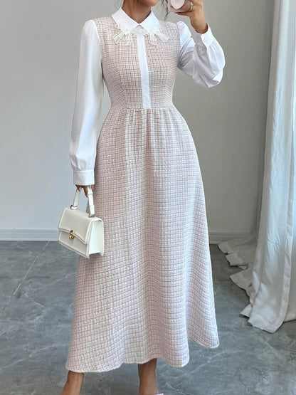 Tweed Long Sleeve A-Line Midi Dress Apricot