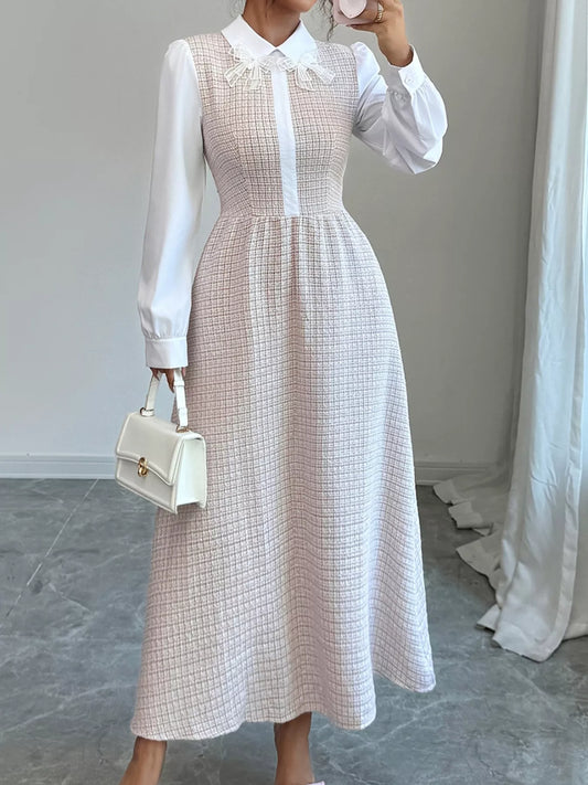 Tweed Long Sleeve A-Line Midi Dress Apricot