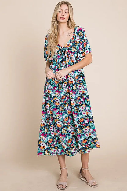 Lime 'N' Chili Floral Print Sweetheart Neck Tie Front Midi Dress