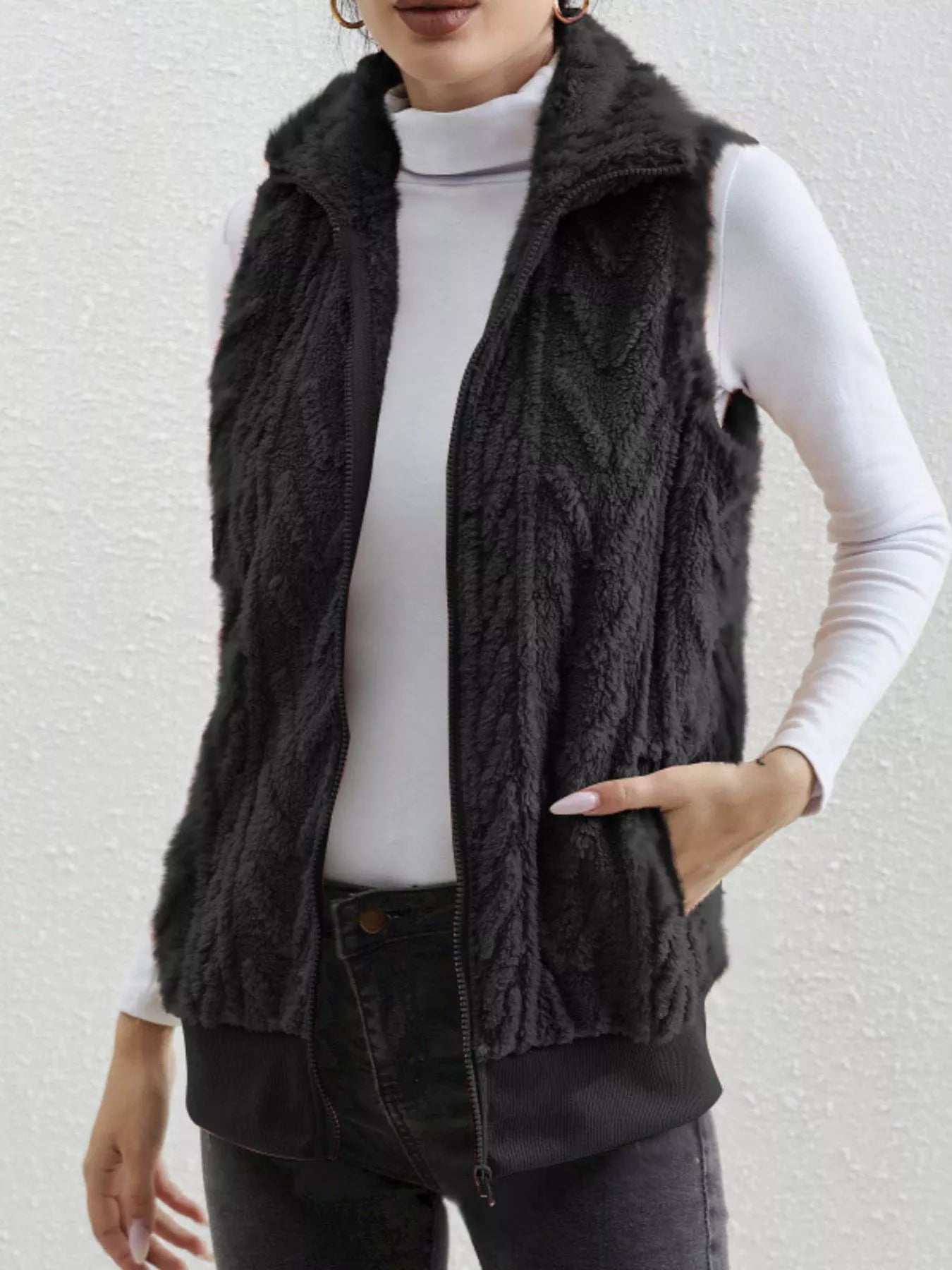 Full Size Cozy Faux Fur Zip-Up Vest Coat Plus Size Black