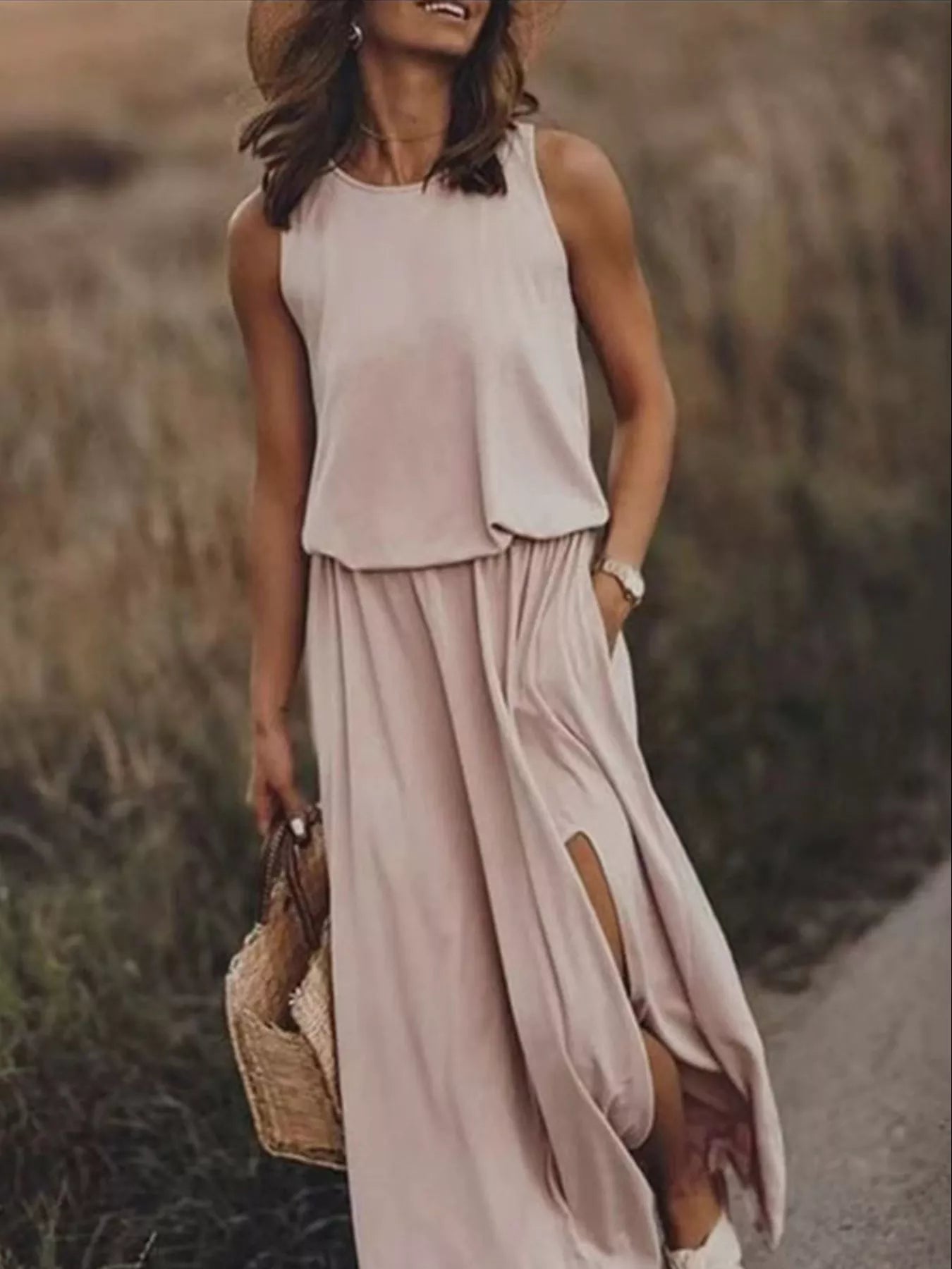 Full Size Round Neck Sleeveless Slit Maxi Dress Plus Size Khaki