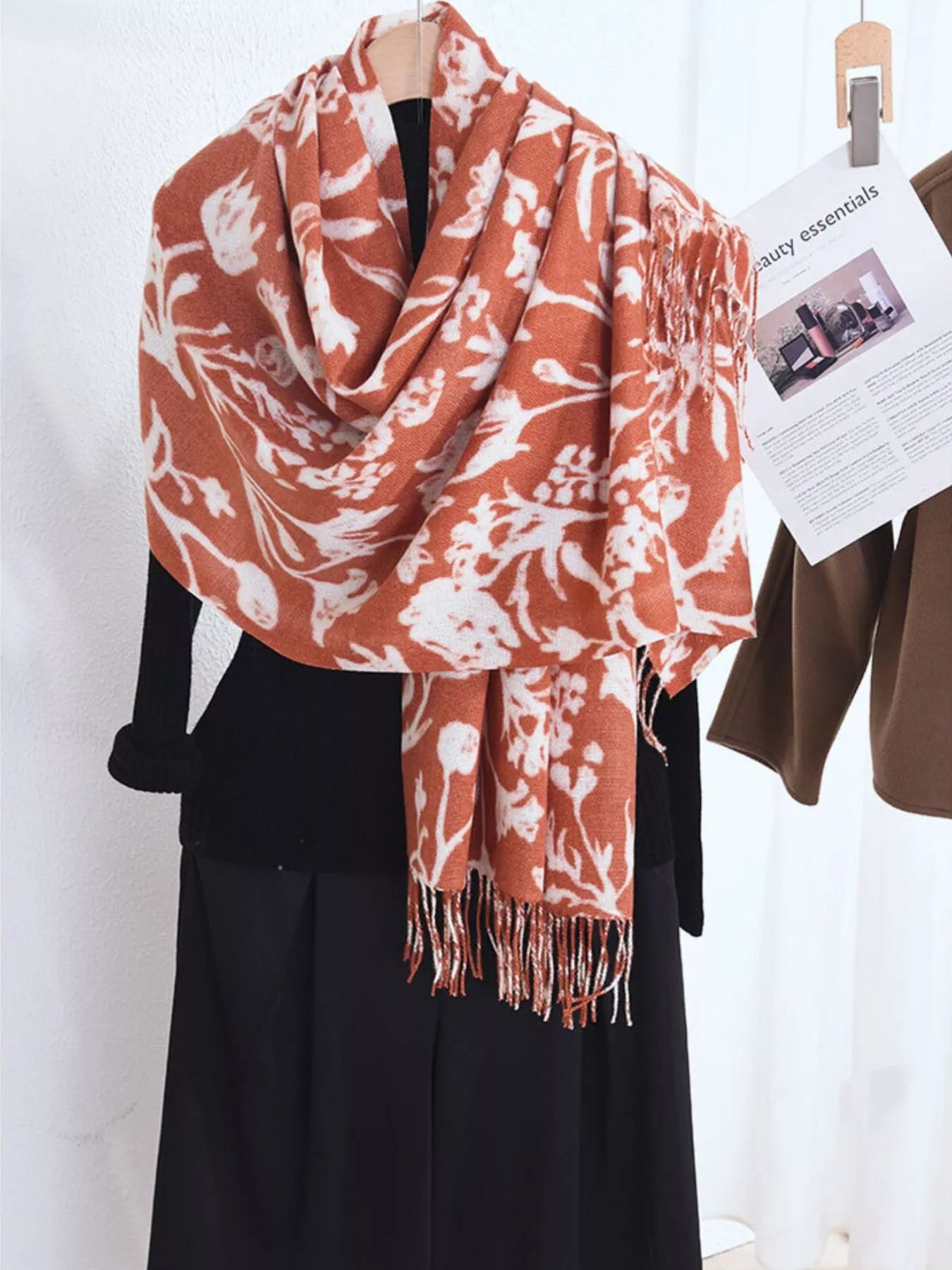 Floral Print Scarf with Fringe Detail Brick Red One Size