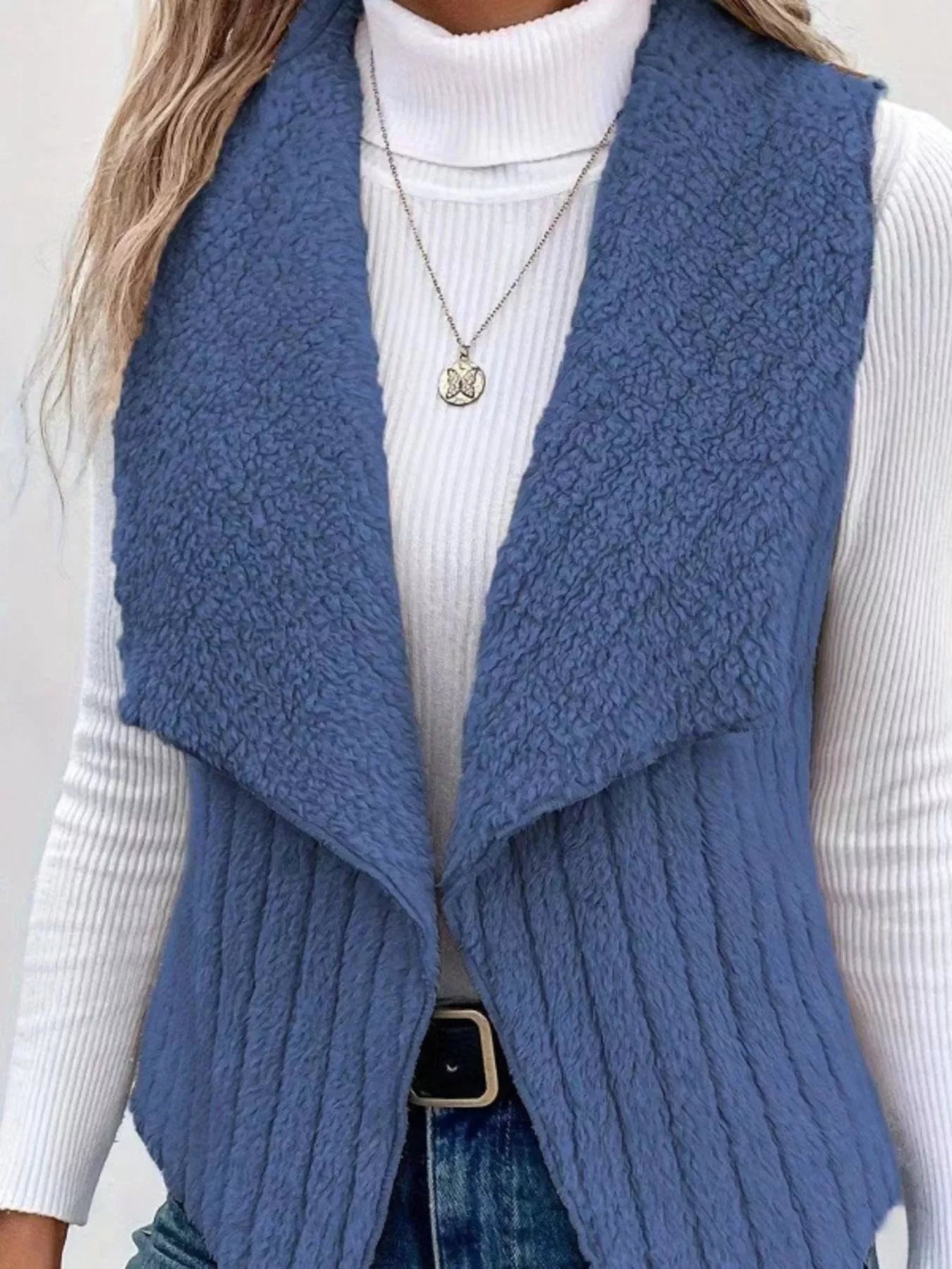Cozy Fleece Open Front Vest Coat Blue