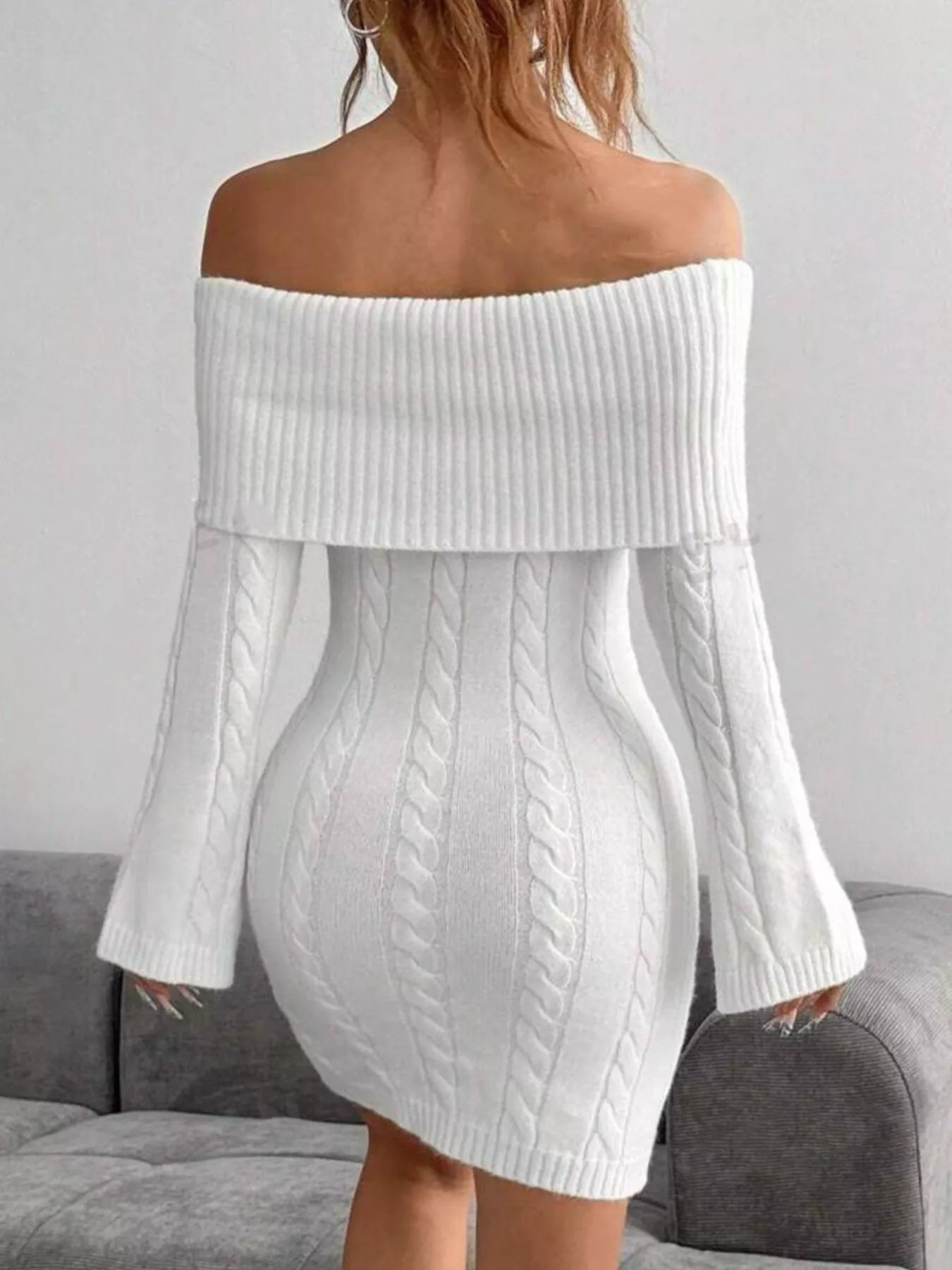 Off-Shoulder Cable Knit Bodycon Sweater Dress