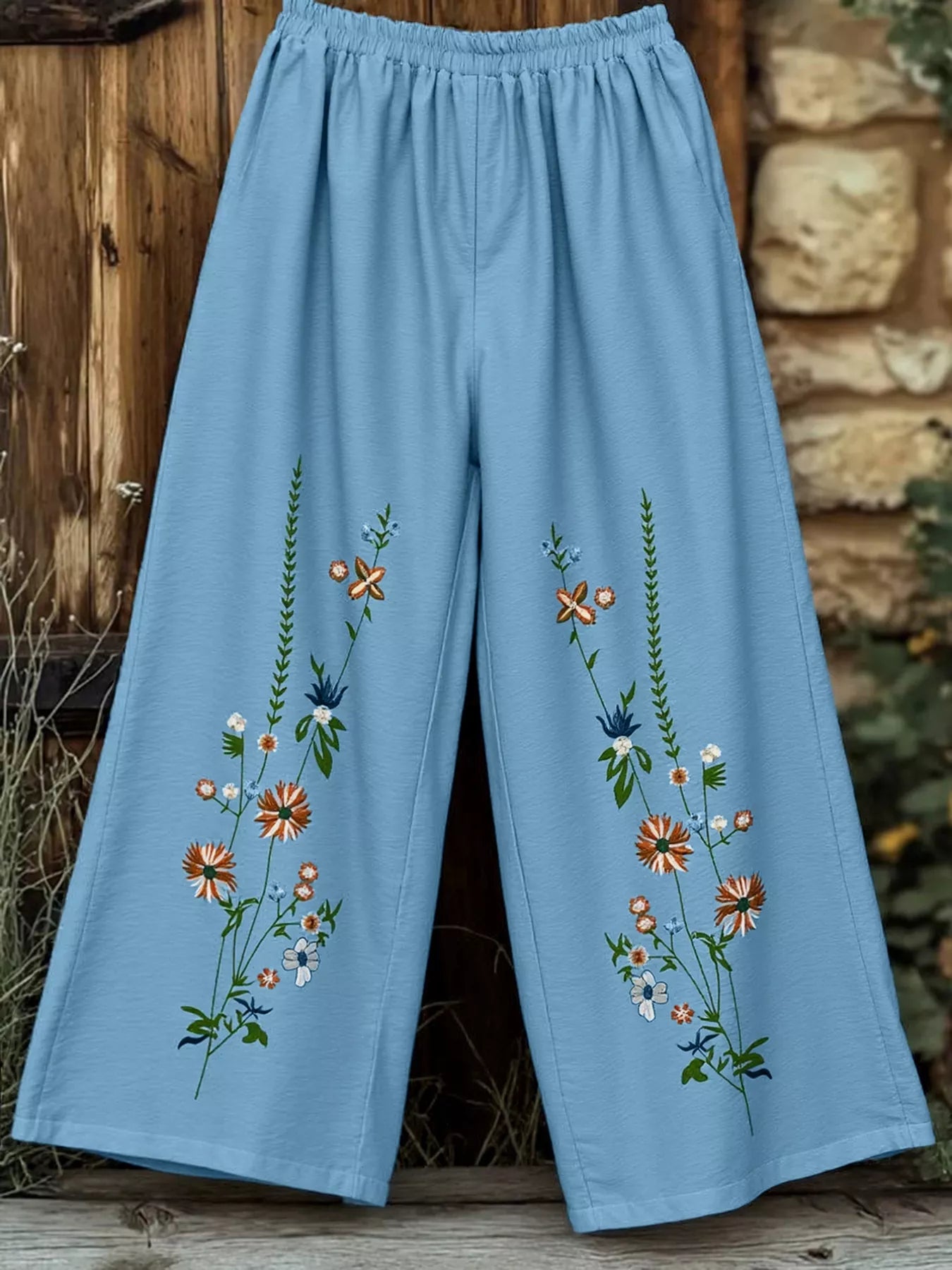 Floral Wide Leg Pants Sky Blue