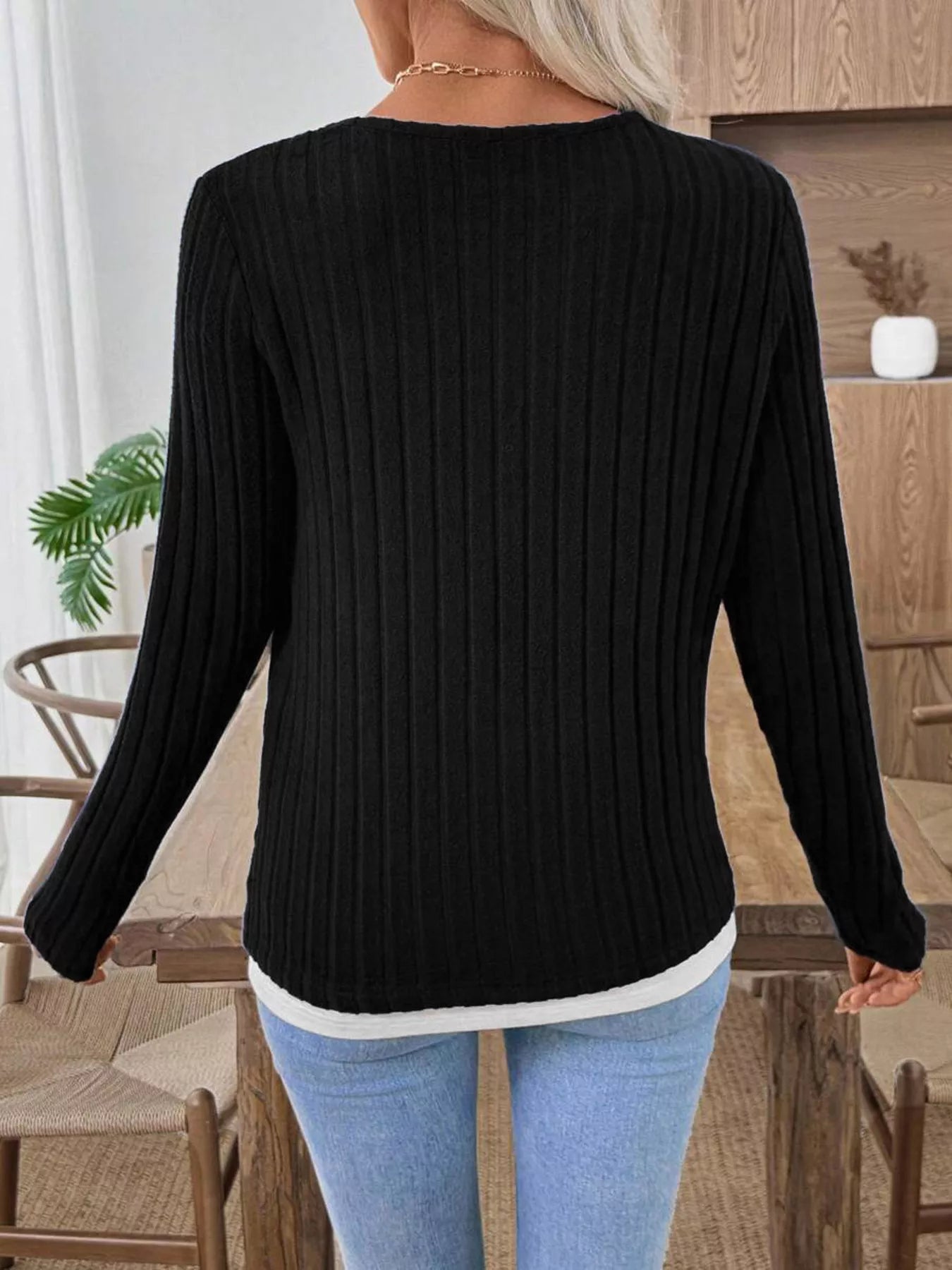 Ribbed Knit Button Detail Contrast Sweater