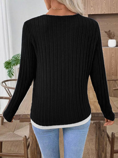 Ribbed Knit Button Detail Contrast Sweater