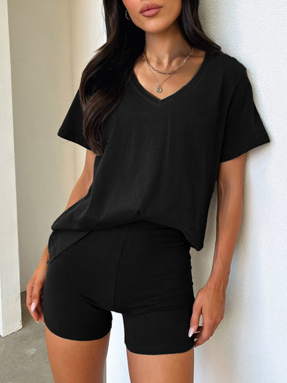 V-Neck T-Shirt and Shorts Set Black