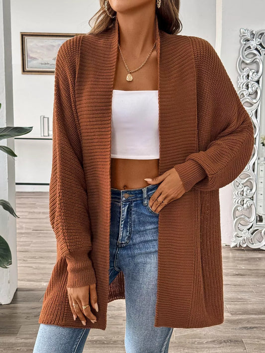 Open Front Ribbed Knit Cardigan Caramel One Size