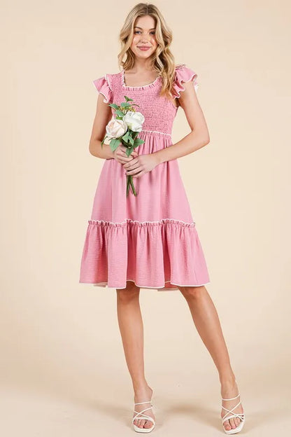 Lime 'N' Chili Ruffle Trim Smocked Dress with Contrast