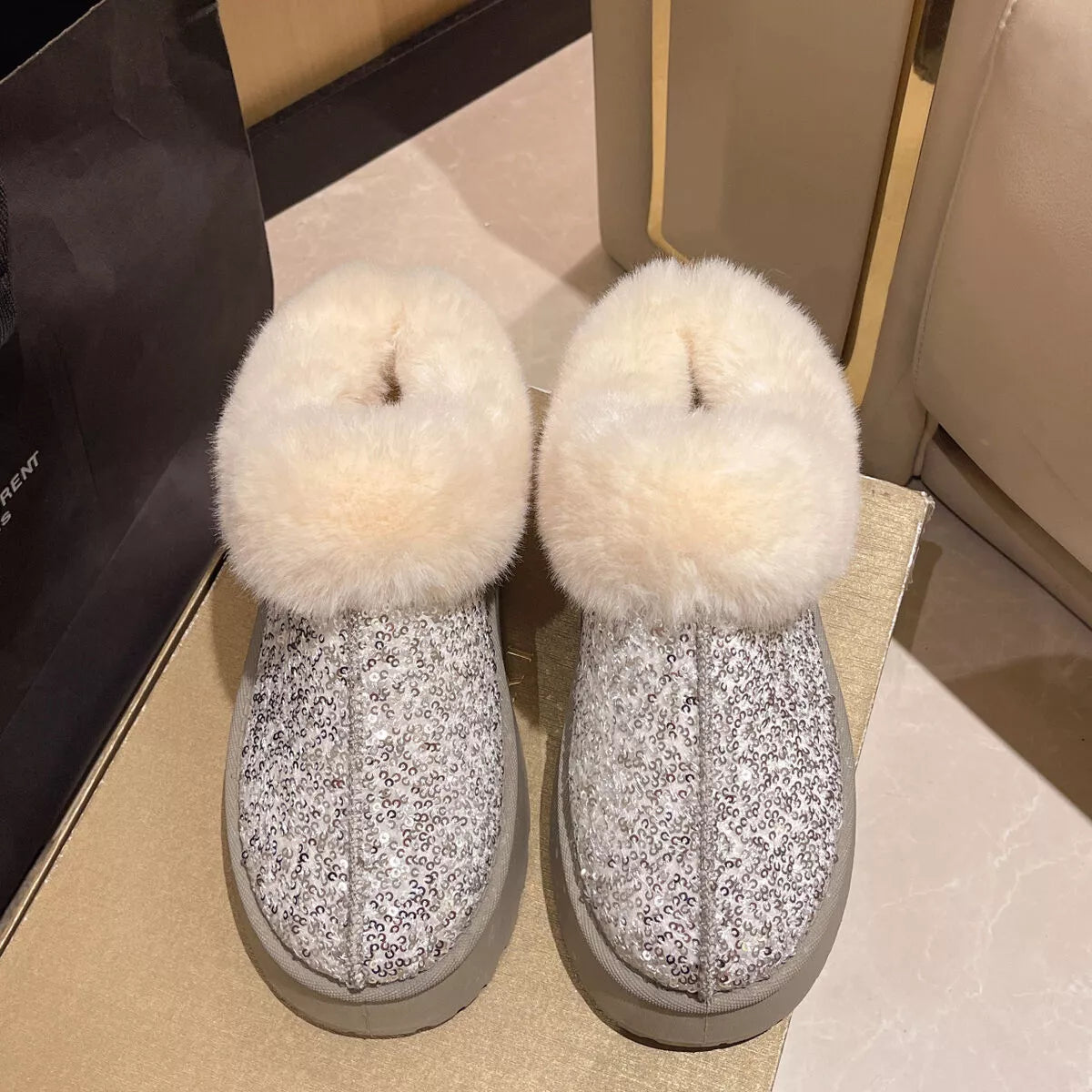 Sequin Round Toe Platform Boots