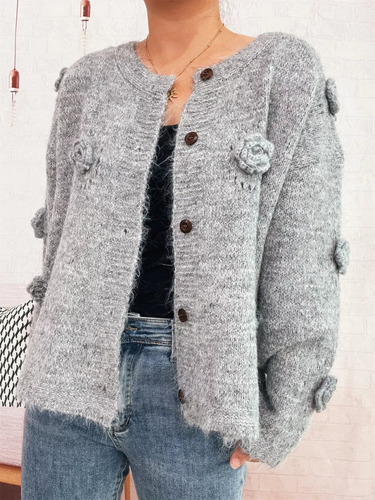 Flower Button-Up Cardigan Gray One Size