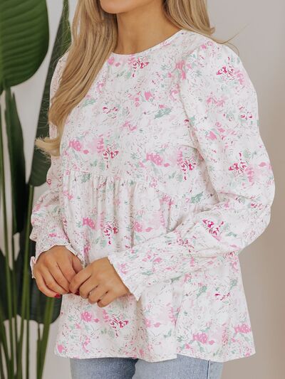 Printed Round Neck Long Sleeve Blouse