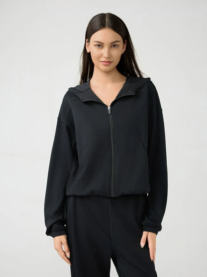 Millennia Zip Up Dropped Shouder Active Hooded Black