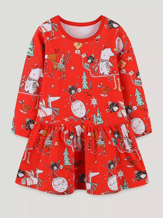 Children's Christmas Print Long Sleeve Dress Red