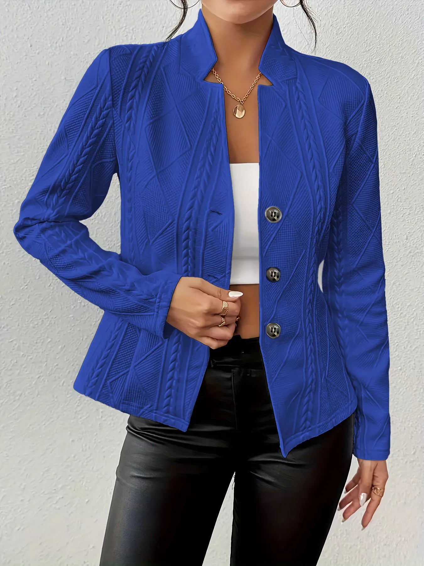 Textured Knit Button-Front Blazer Blue