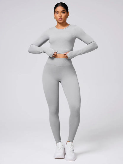 Back Crisscross Round Neck Long Sleeve Top and Leggings Active Set Light Gray