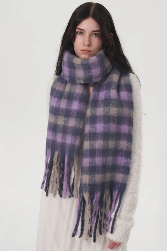 Fringe Plaid Polyester Scarf Lilac One Size