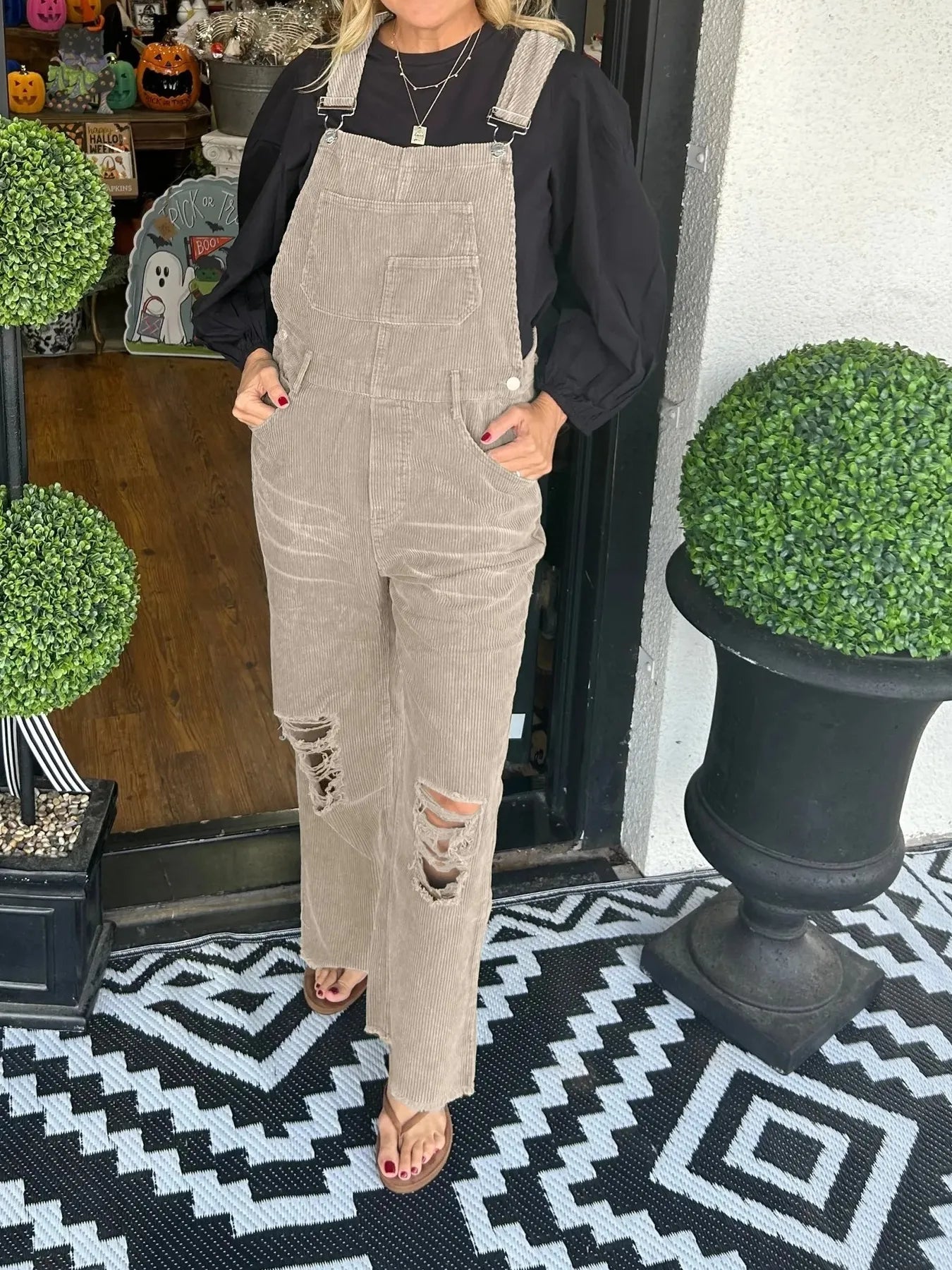 Distressed Wide Leg Corduroy Overalls Khaki