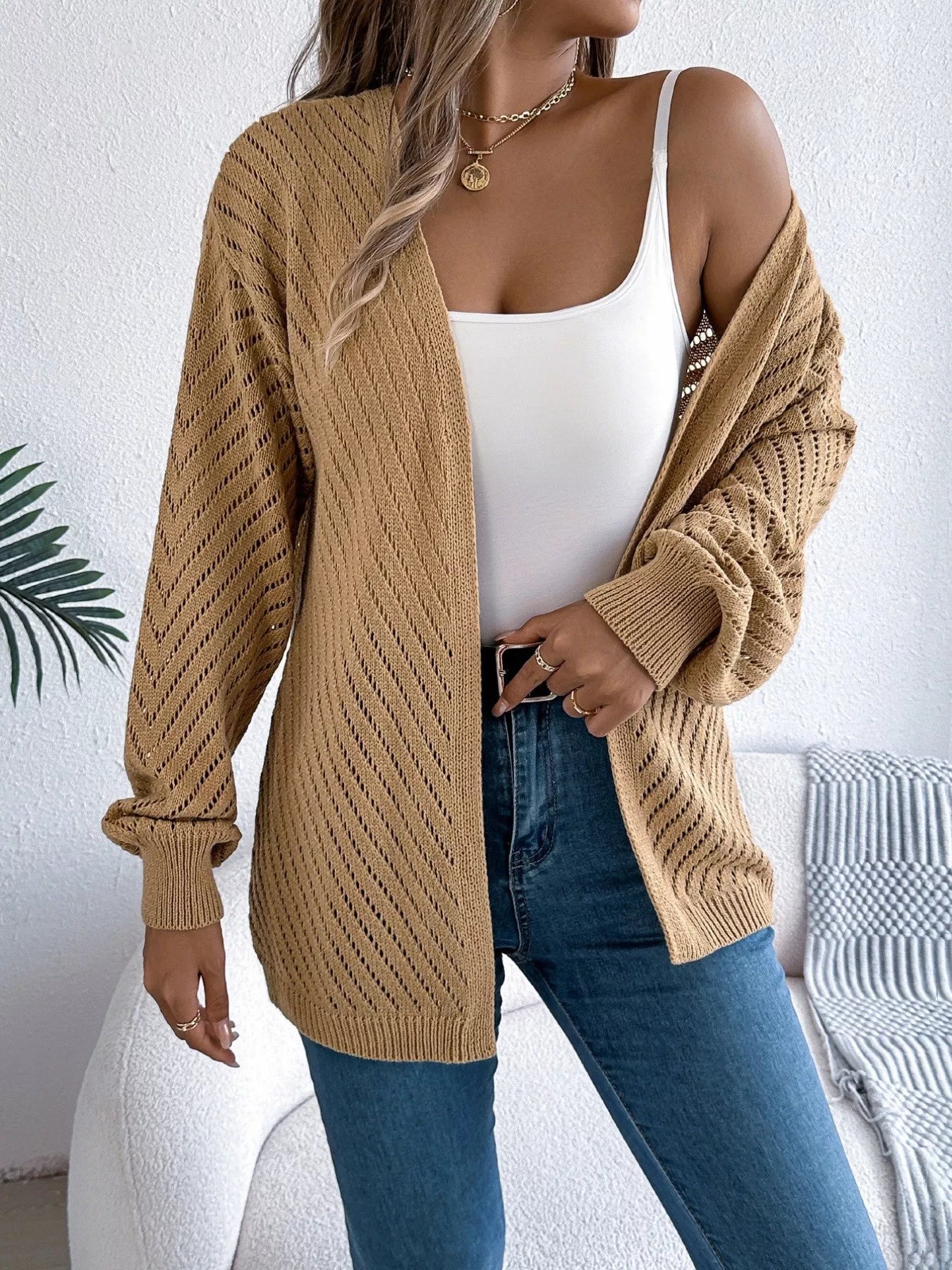 Openwork Open-Front Long Sleeve Cardigan Khaki