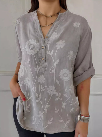 Full Size Floral Embroidered Button Detail Blouse Plus Size Grey