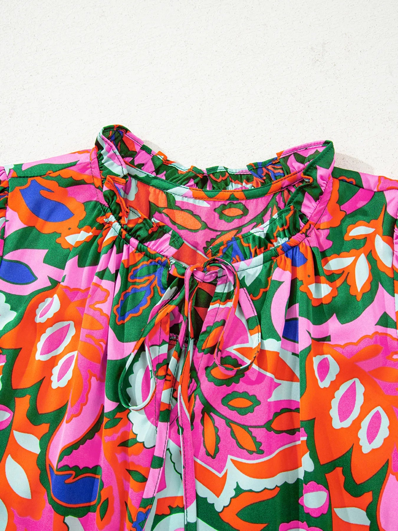 Tropical Print Short Sleeve Tie Neck Blouse