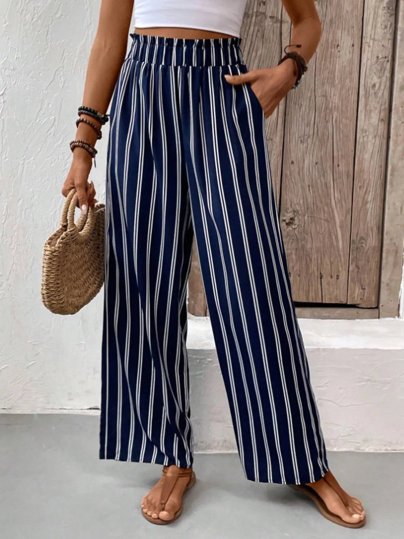 Full Size Striped High Waist Wide Leg Pants Plus Size Navy Blue