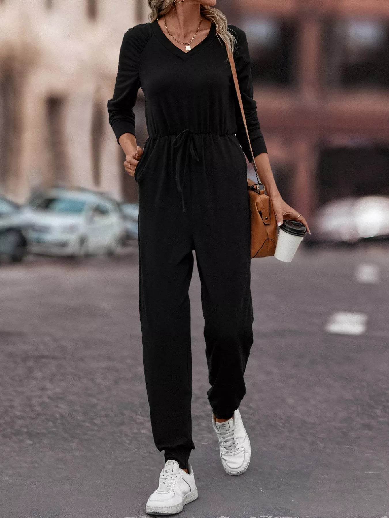 Casual Long Sleeve Drawstring Waist Jumpsuit
