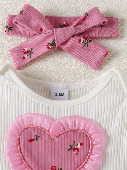 Children's Ruffled Bodysuit and Floral Pants Outfit Set with Headband