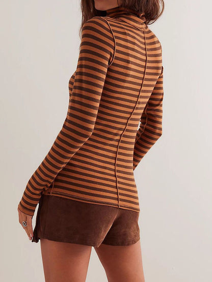 Exposed Seam Striped Turtleneck Long Sleeve T-Shirt Brown