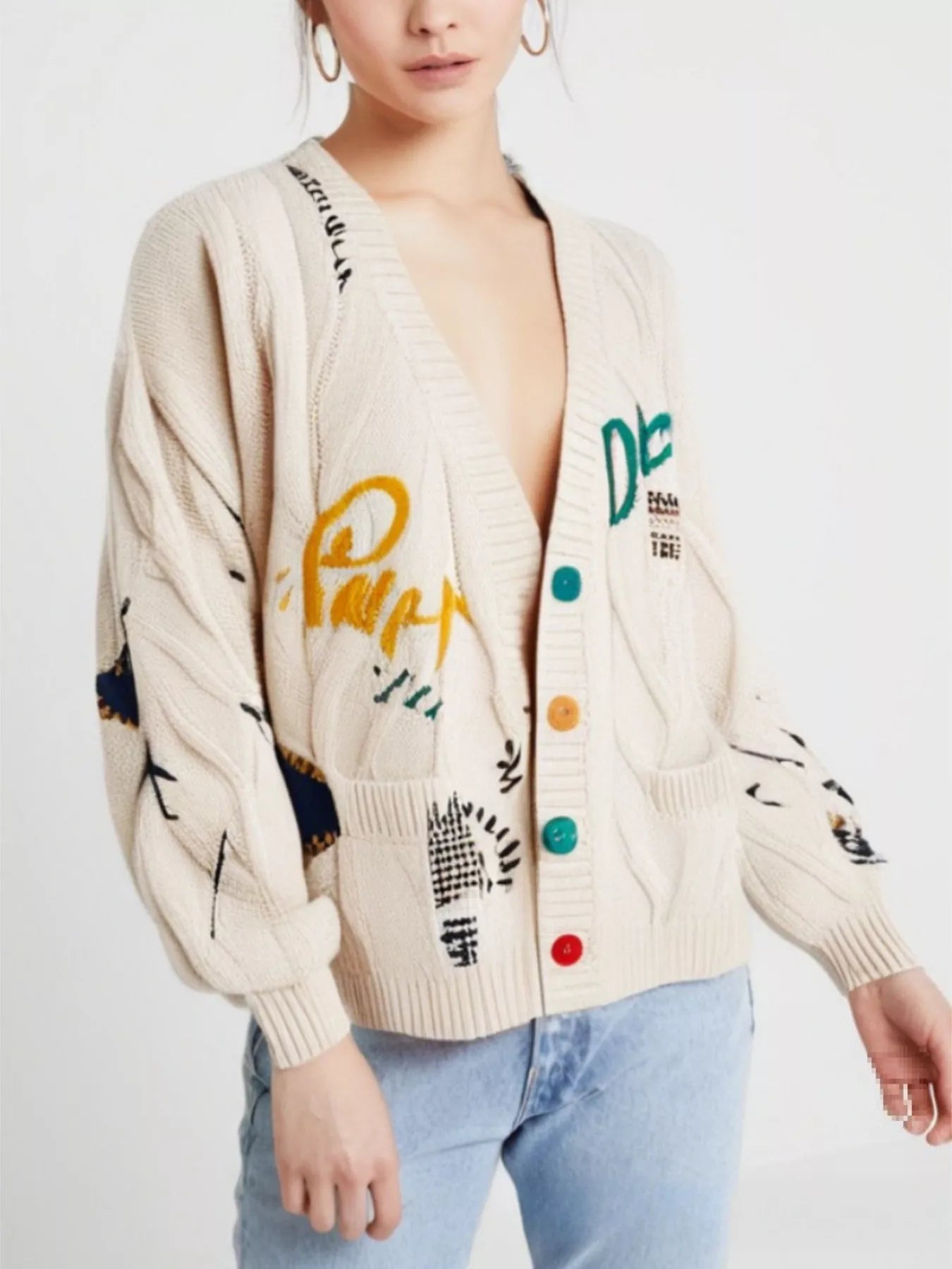 Cable Knit Button Up Cardigan Beige One Size
