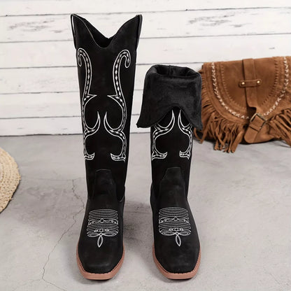 Embroidered Round Toe Block Heels Boots