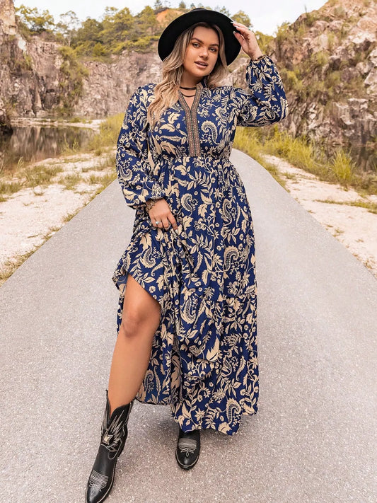 Plus Size Floral Print Long Sleeve Maxi Dress