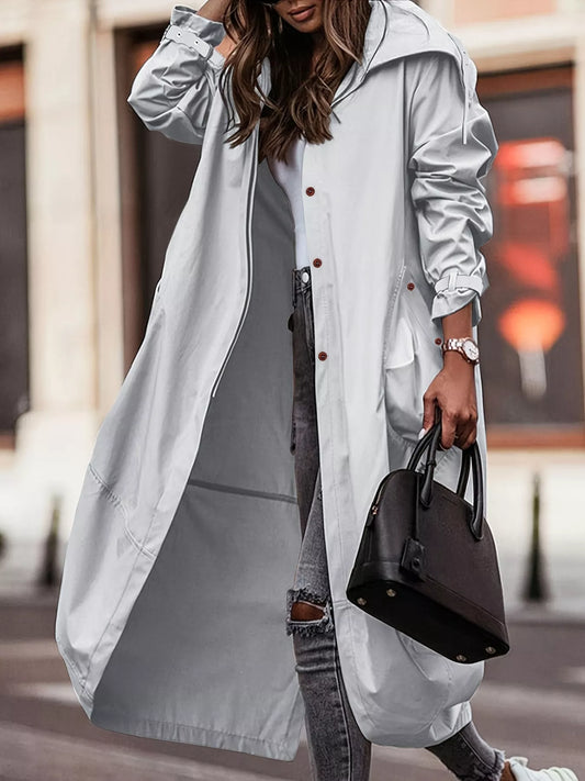 Button Up Hooded Longline Trench Coat Light Gray