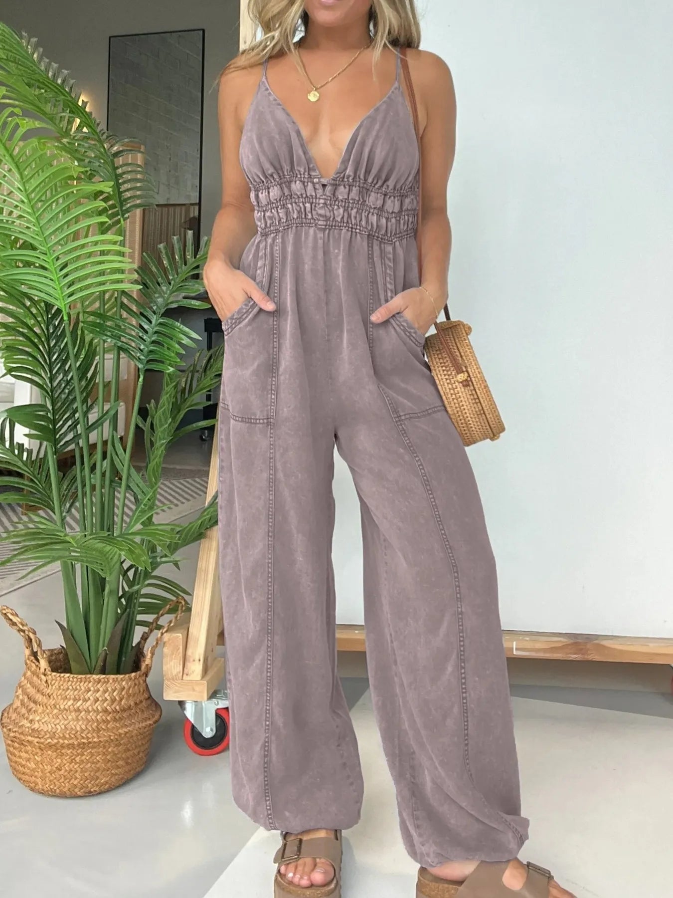 Full Size Wide Leg Spaghetti Strap Jumpsuit Plus Size Gray Purple