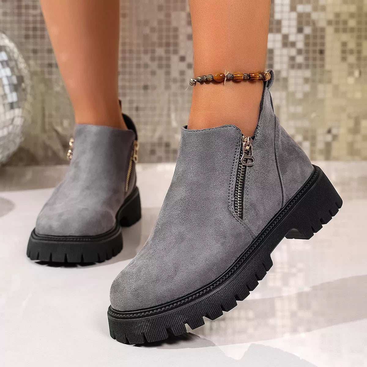 Round Toe Side Zip Ankle Boots