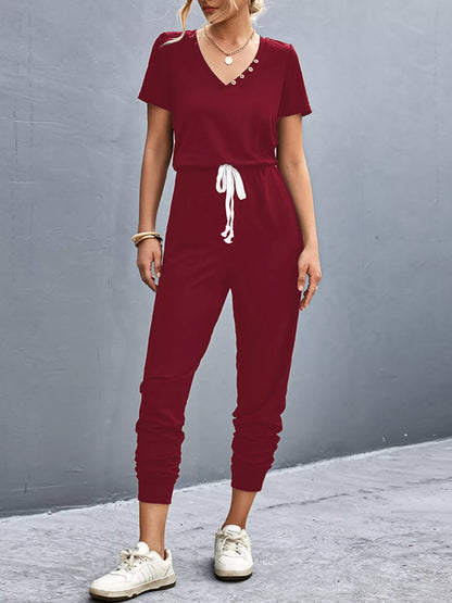 Casual V-Neck Short Sleeve Drawstring Waist Jumpsuit Burgundy