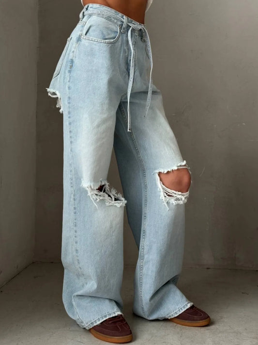 Distressed Wide Leg Jeans Blue