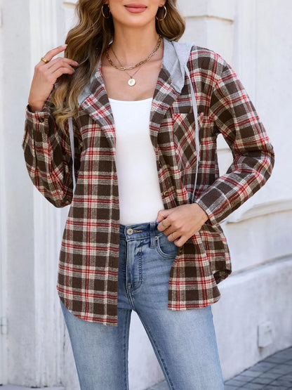 Hooded Plaid Button-Up Shacket Red