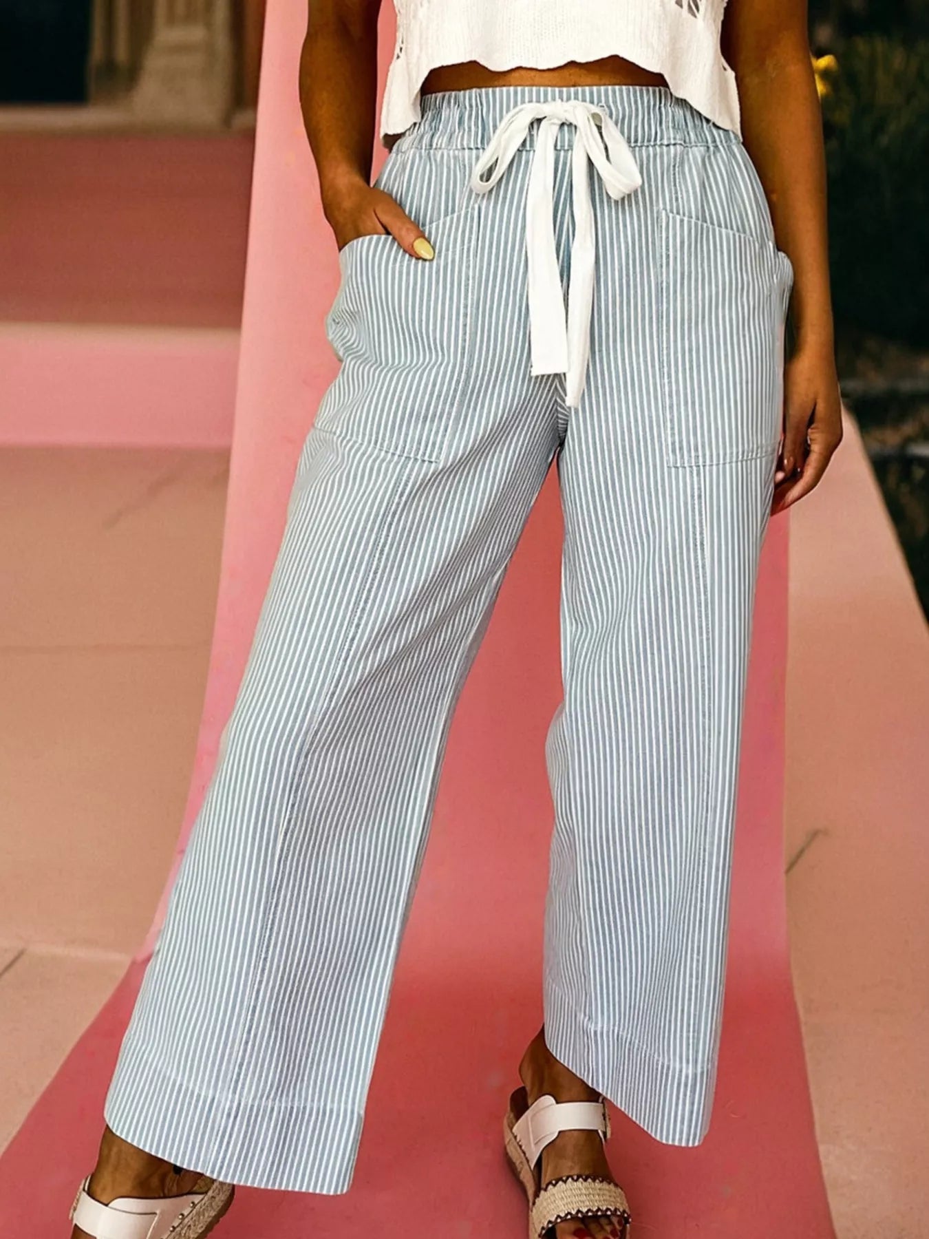 Stripe Mid Rise Drawstring Waist Jeans Light Blue