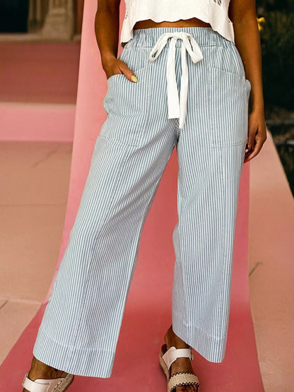 Stripe Mid Rise Drawstring Waist Jeans Light Blue